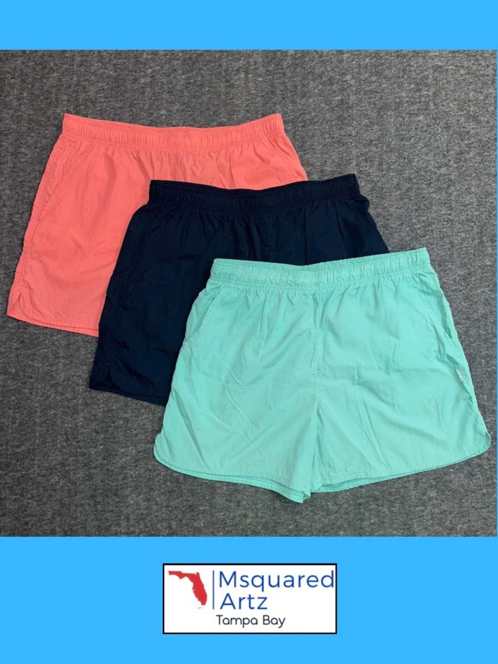Alive Men’s Large Nylon Shorts Lot of 3 Teal Navy Coral Elastic Waist Athletic